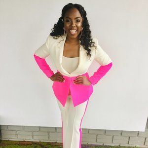 CHIC COLOR PANEL SINGLE BREASTED BOOTCUT BLAZER MATCHING SET - PINK